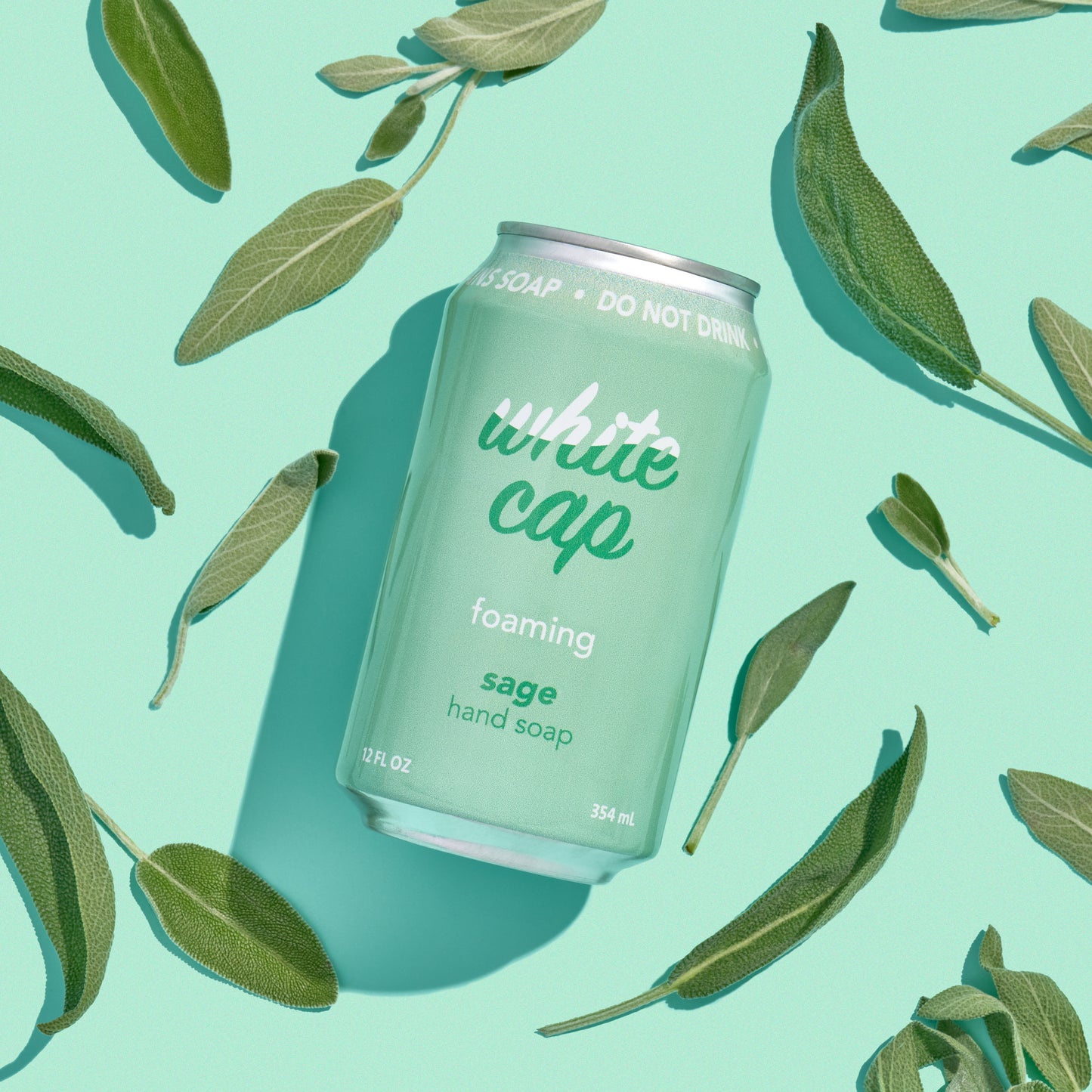 White Cap foaming sage hand soap in recyclable aluminum can.