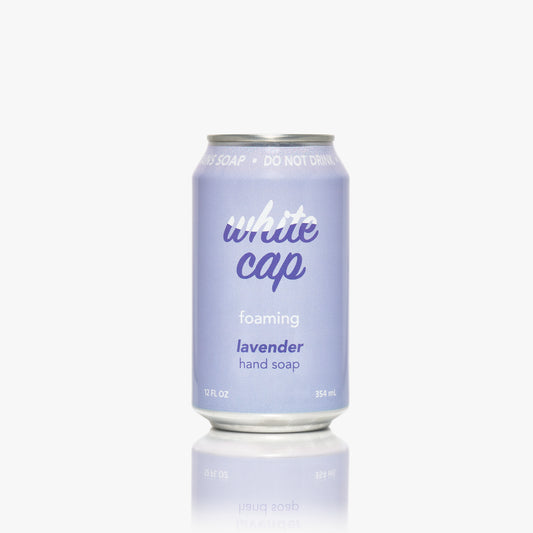 White Cap foaming lavender hand soap in recyclable aluminum can.