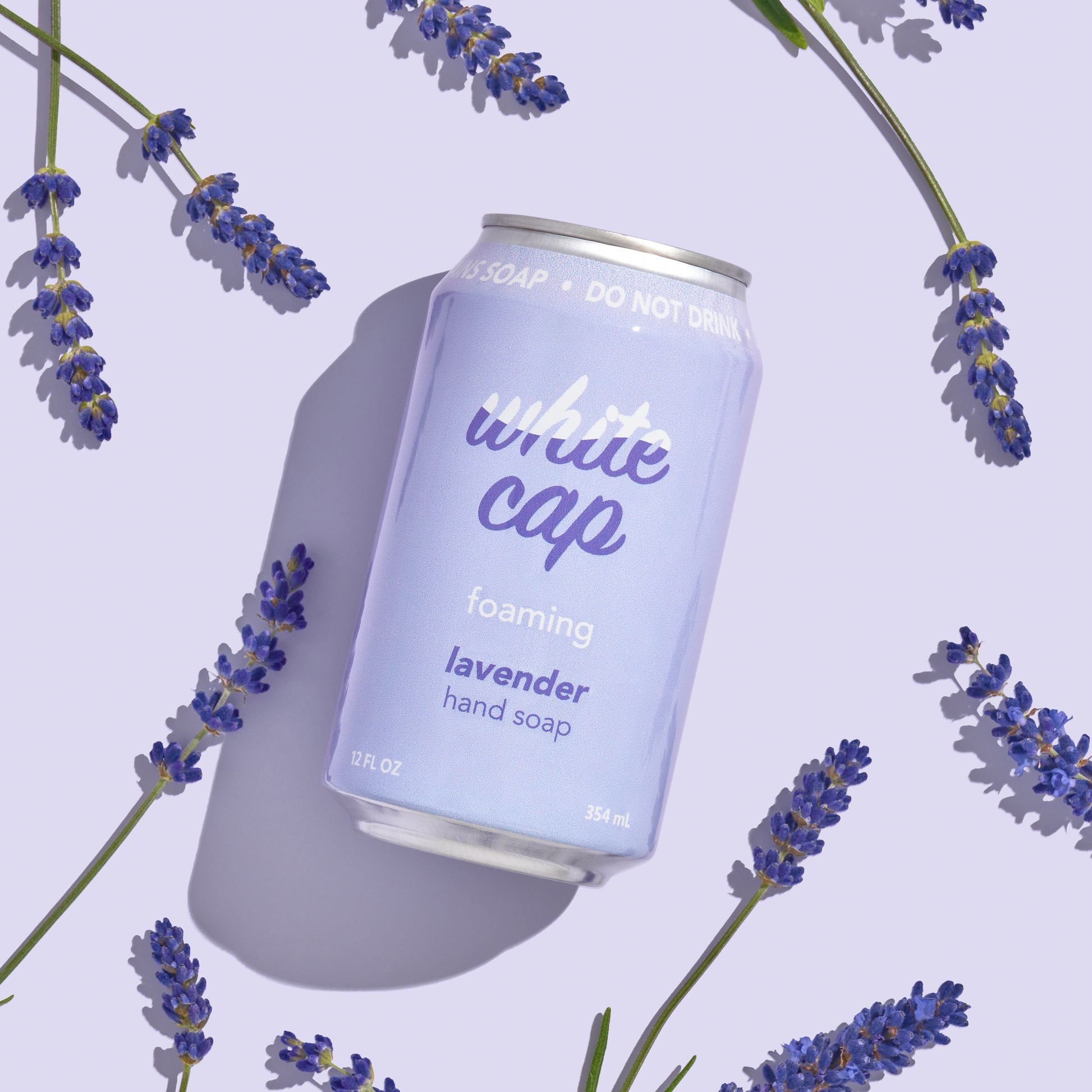 White Cap foaming lavender hand soap in recyclable aluminum can.