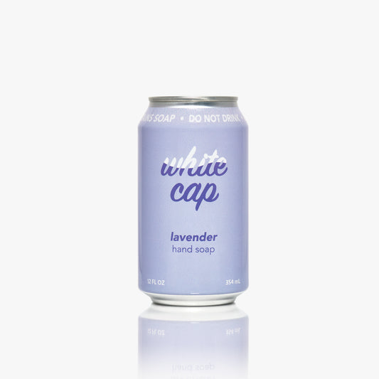 White Cap liquid lavender hand soap in recyclable aluminum can.