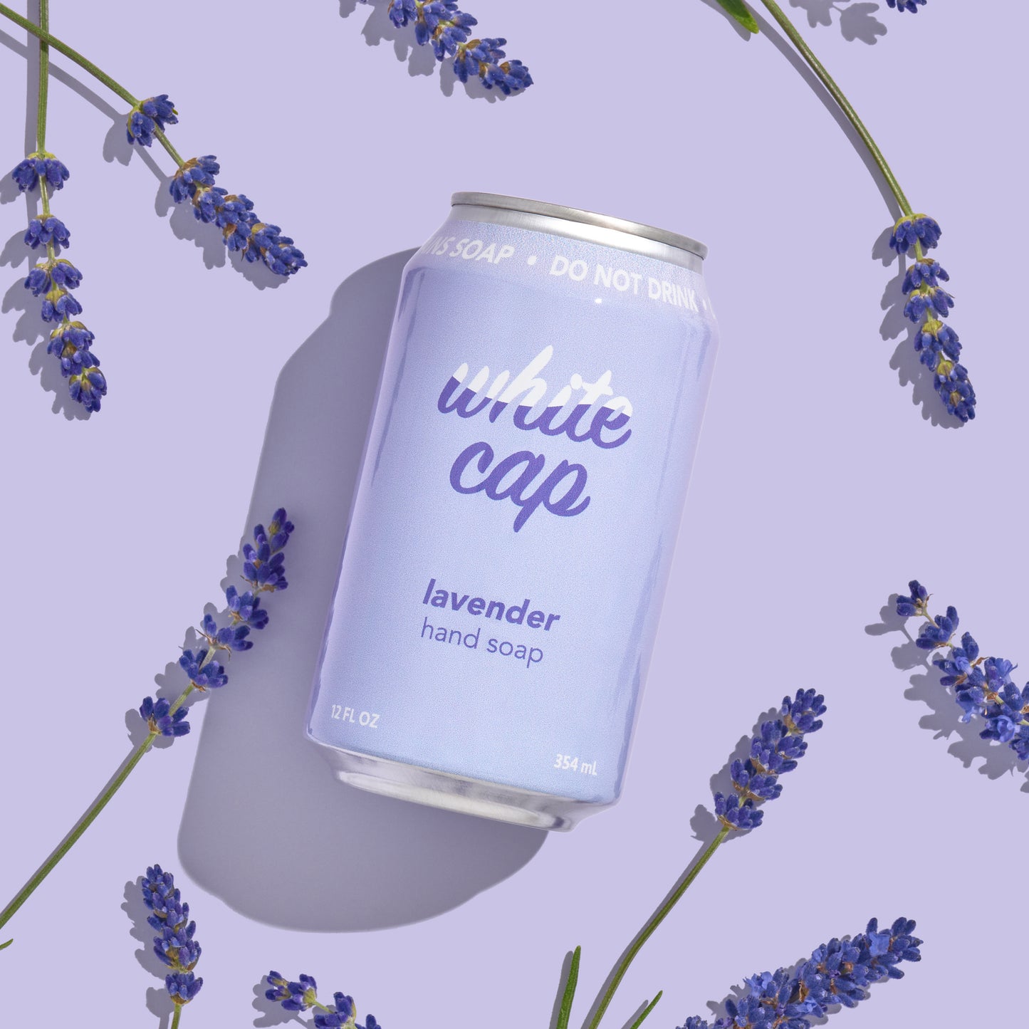 White Cap liquid lavender hand soap in recyclable aluminum can.