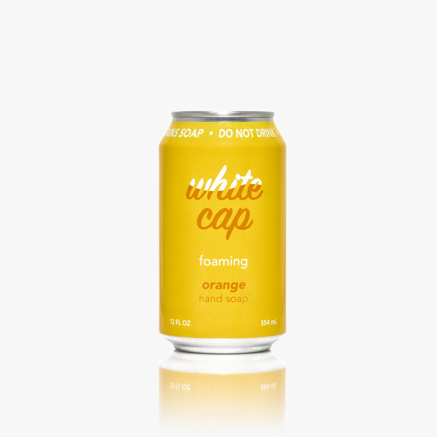White Cap foaming orange hand soap in recyclable aluminum can.