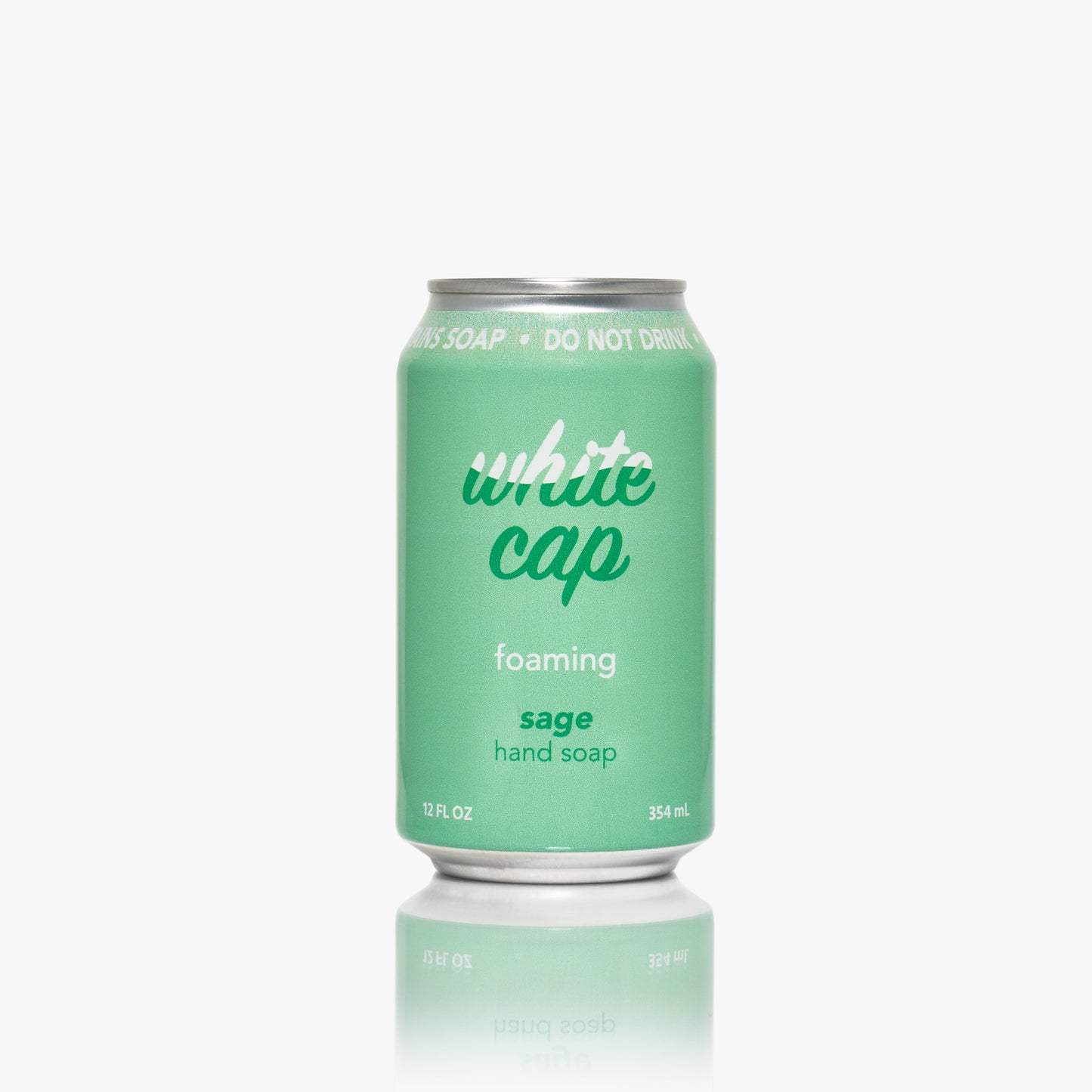 White Cap foaming sage hand soap in recyclable aluminum can.