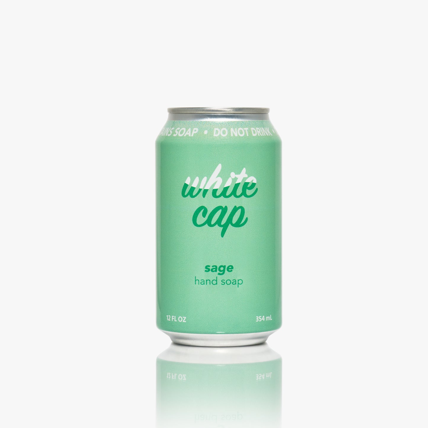 White Cap liquid sage hand soap in recyclable aluminum can.