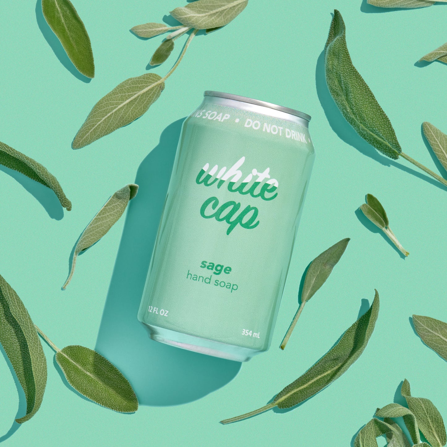 White Cap liquid sage hand soap in recyclable aluminum can.